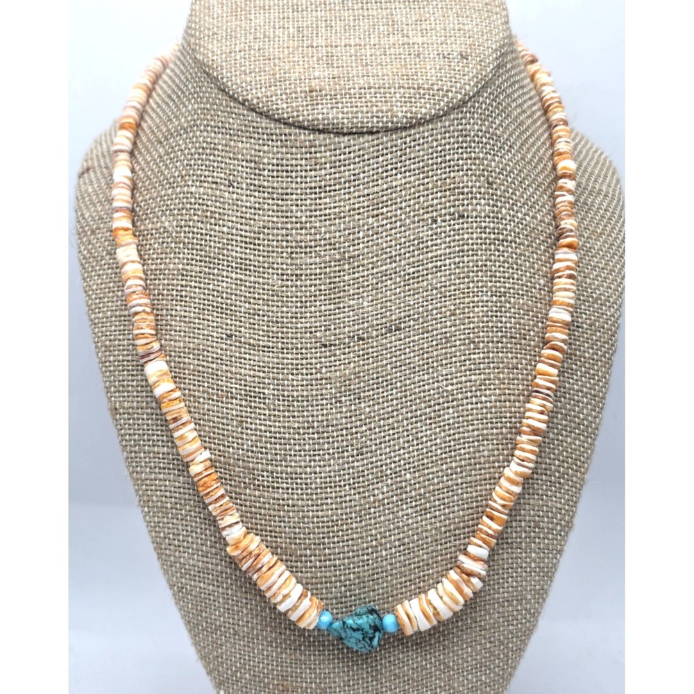 Spiny Oyster Heishi Beads Turquoise Necklace Sterling Silver Adjustable 19"-21"